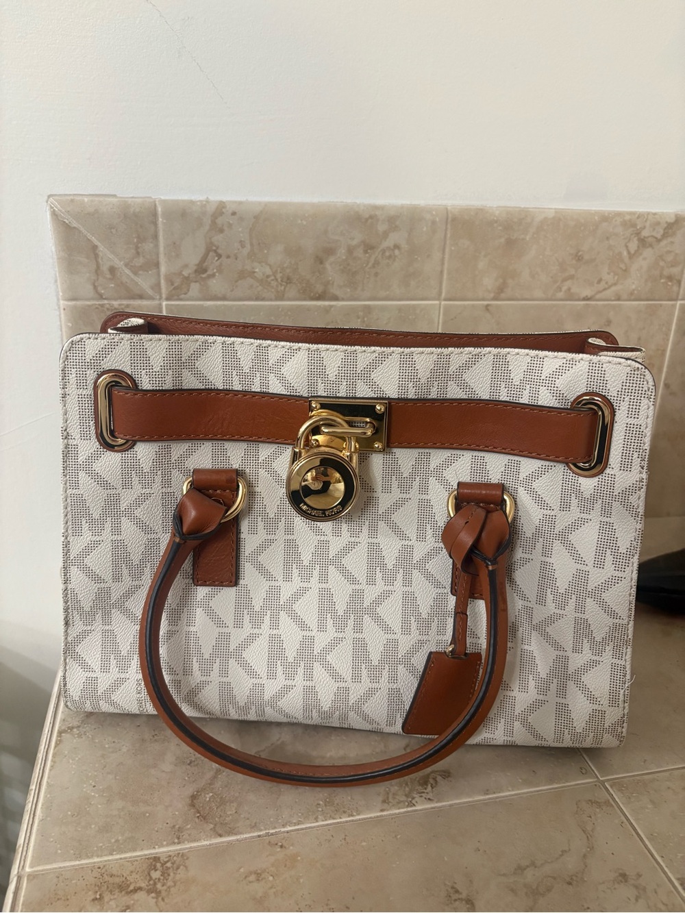 Michael Kors Vanilla MK Logo Satchel with Acorn Trim and Gold Hardware